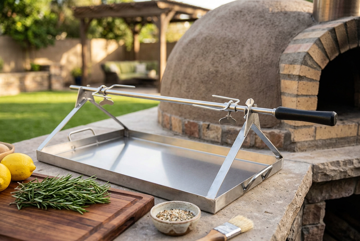 Maximus rotisserie spit styled on an outdoor kitchen counter