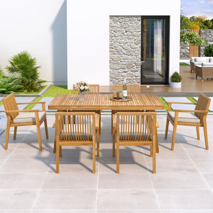 7 Piece Patio Furniture Set Acacia Wood Table And 6 Cushioned Chairs