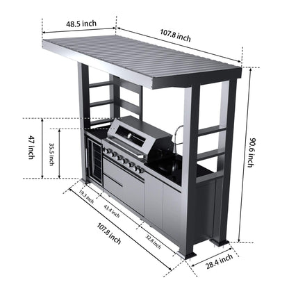 Castelle Flame Blaze 108-Inch 6-Burner 85K BTU Deluxe Stainless Steel Liquid Propane Outdoor Kitchen Grill Island With Wine Cooler, Rotisserie, Cabinets, And Granite Countertops (SAK58310)