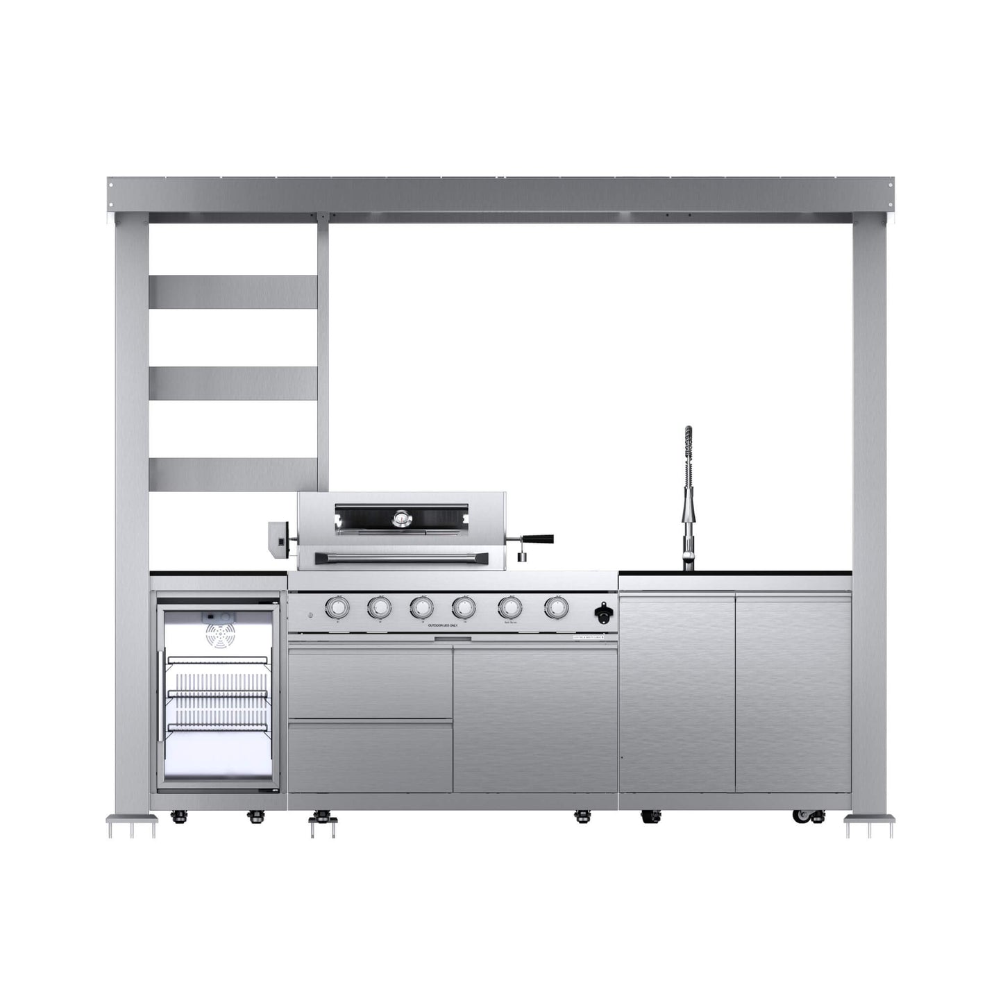 Castelle Flame Imperial 110-Inch 4-Burner 72K BTU Deluxe Stainless Steel Outdoor Kitchen Grill Island With Wine Cooler, Rotisserie, Cabinets, And Granite Countertops (SAK94721)