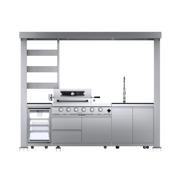 Castelle Flame Imperial 110-Inch 4-Burner 72K BTU Deluxe Stainless Steel Outdoor Kitchen Grill Island With Wine Cooler, Rotisserie, Cabinets, And Granite Countertops (SAK94721)