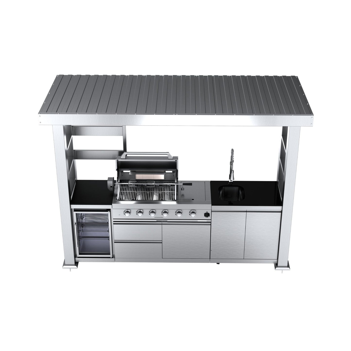 Castelle Flame Imperial 110-Inch 4-Burner 72K BTU Deluxe Stainless Steel Outdoor Kitchen Grill Island With Wine Cooler, Rotisserie, Cabinets, And Granite Countertops (SAK94721)