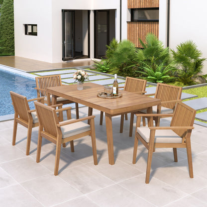 7 Piece Patio Furniture Set Acacia Wood Table And 6 Cushioned Chairs