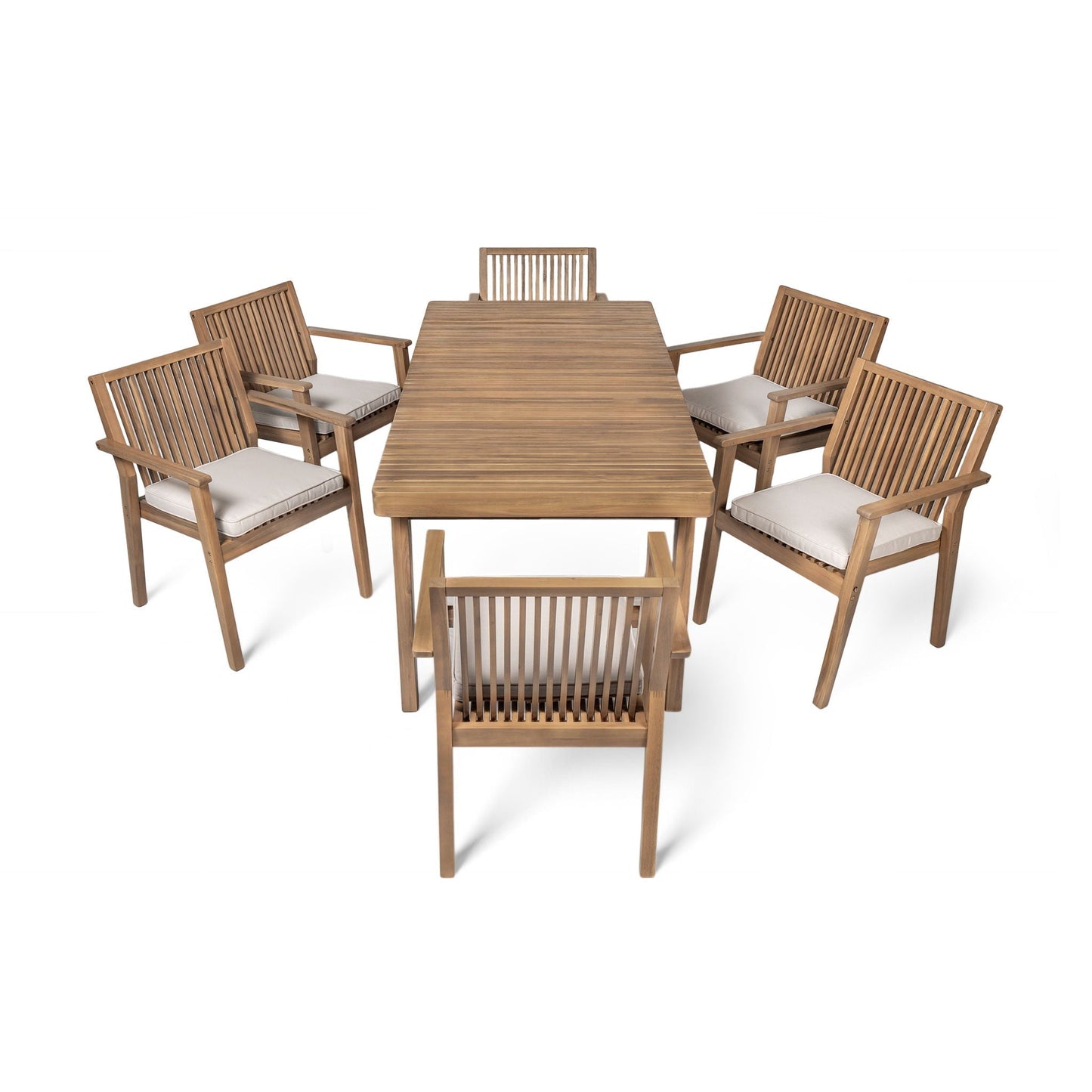 7 Piece Patio Furniture Set Acacia Wood Table And 6 Cushioned Chairs