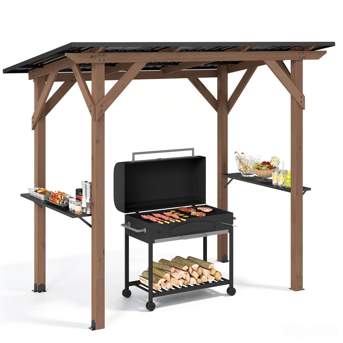 Grill Gazebo 8.6 x 5 FT Cedar Wood with Serving Shelves
