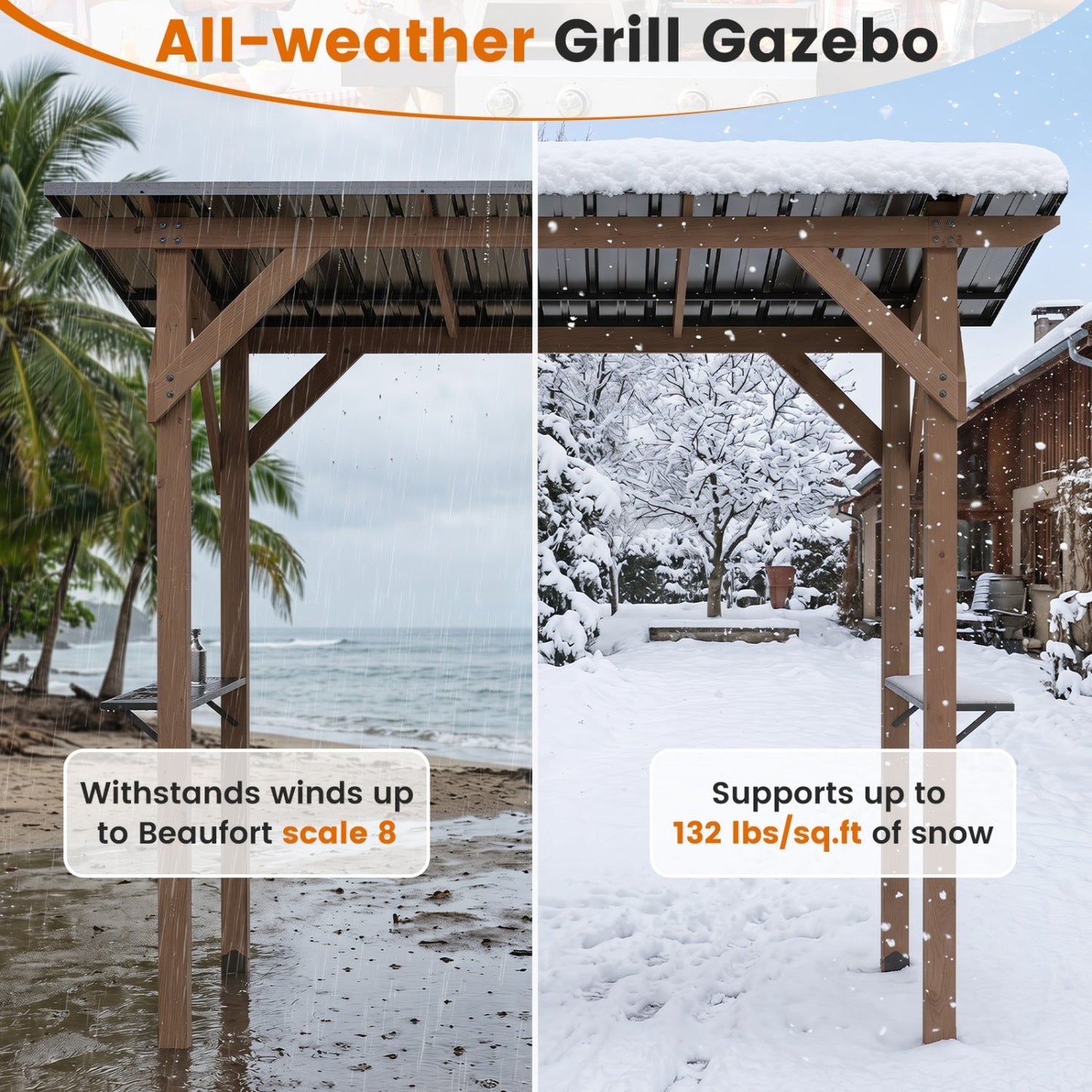 Grill Gazebo 8.6 x 5 FT Cedar Wood with Serving Shelves