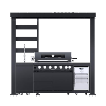 Castelle Flame Astoria 94-Inch 6-Burner 85K BTU Outdoor Kitchen Grill Island With Wine Cooler, Rotisserie, Cabinets, And Granite Countertops (SAK68014)