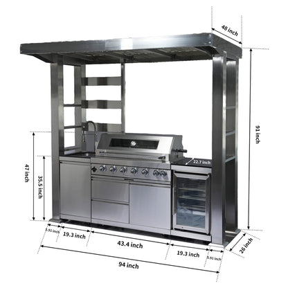 Castelle Flame Astoria 94-Inch 6-Burner 85K BTU Outdoor Kitchen Grill Island With Wine Cooler, Rotisserie, Cabinets, And Granite Countertops (SAK68014)