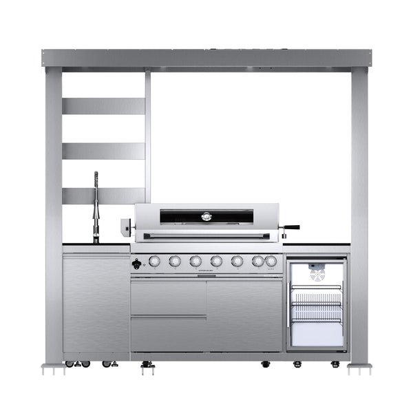 Castelle Flame Astoria 94-Inch 6-Burner 85K BTU Outdoor Kitchen Grill Island With Wine Cooler, Rotisserie, Cabinets, And Granite Countertops (SAK68014)
