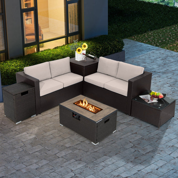 6 Pieces Outdoor Wicker Furniture Set with 32 Inch Propane Fire Pit Table