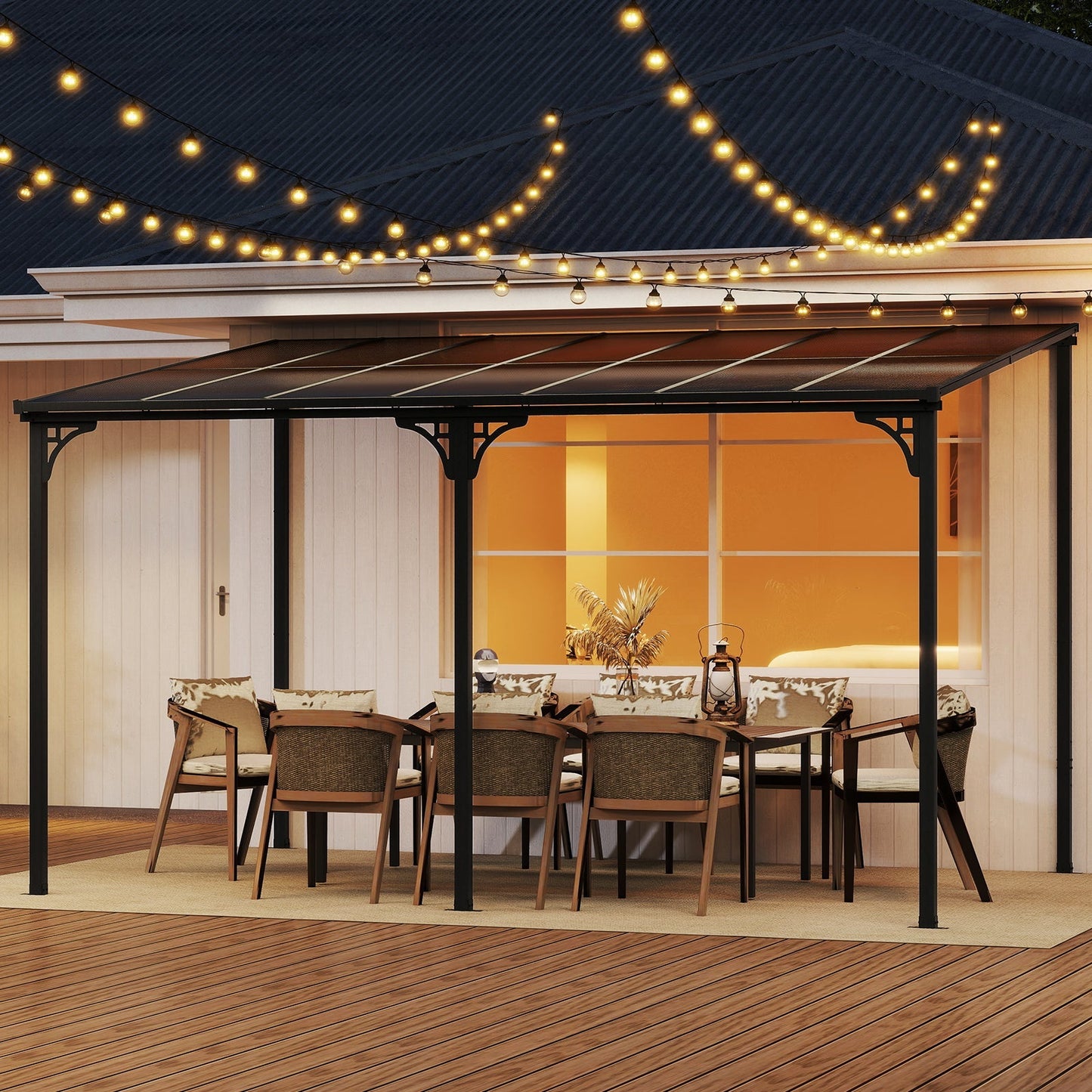 Wall-Mounted Patio Gazebo Large Outdoor Hardtop Pergola with Sloped Polycarbonate Roof-Black