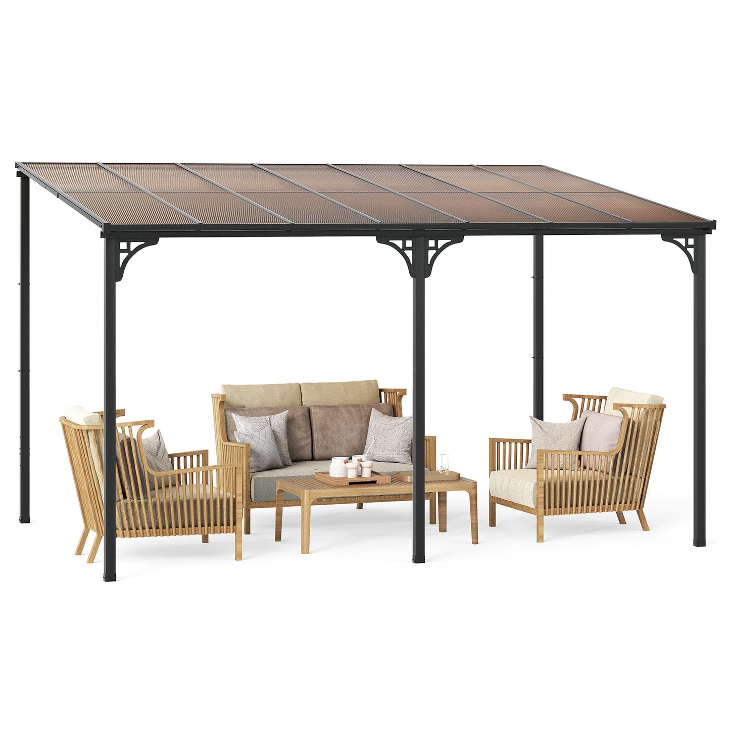 Wall-Mounted Patio Gazebo Large Outdoor Hardtop Pergola with Sloped Polycarbonate Roof-Black