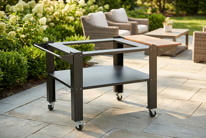 Bello stand on a sunlit backyard patio