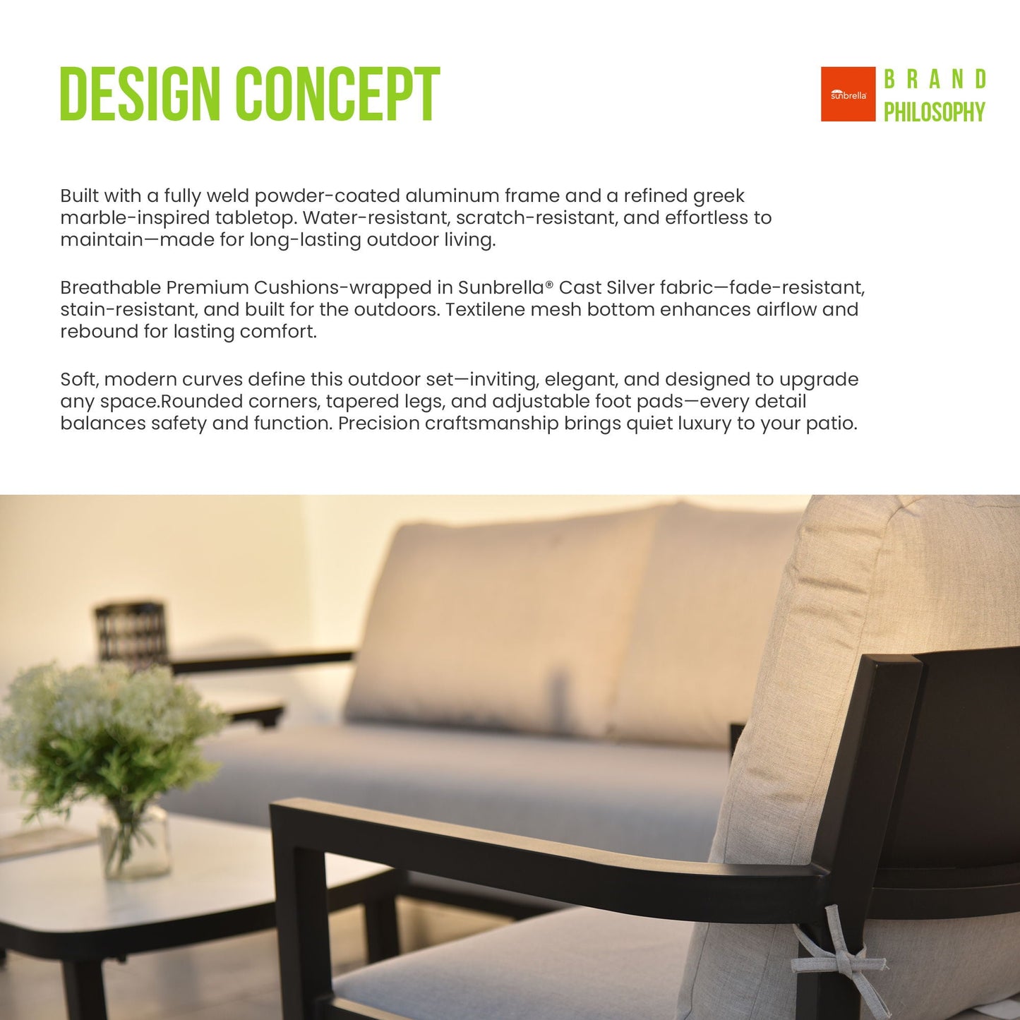 Outdoor Patio Furniture Chat Set with Sunbrella Cushions and Side Table