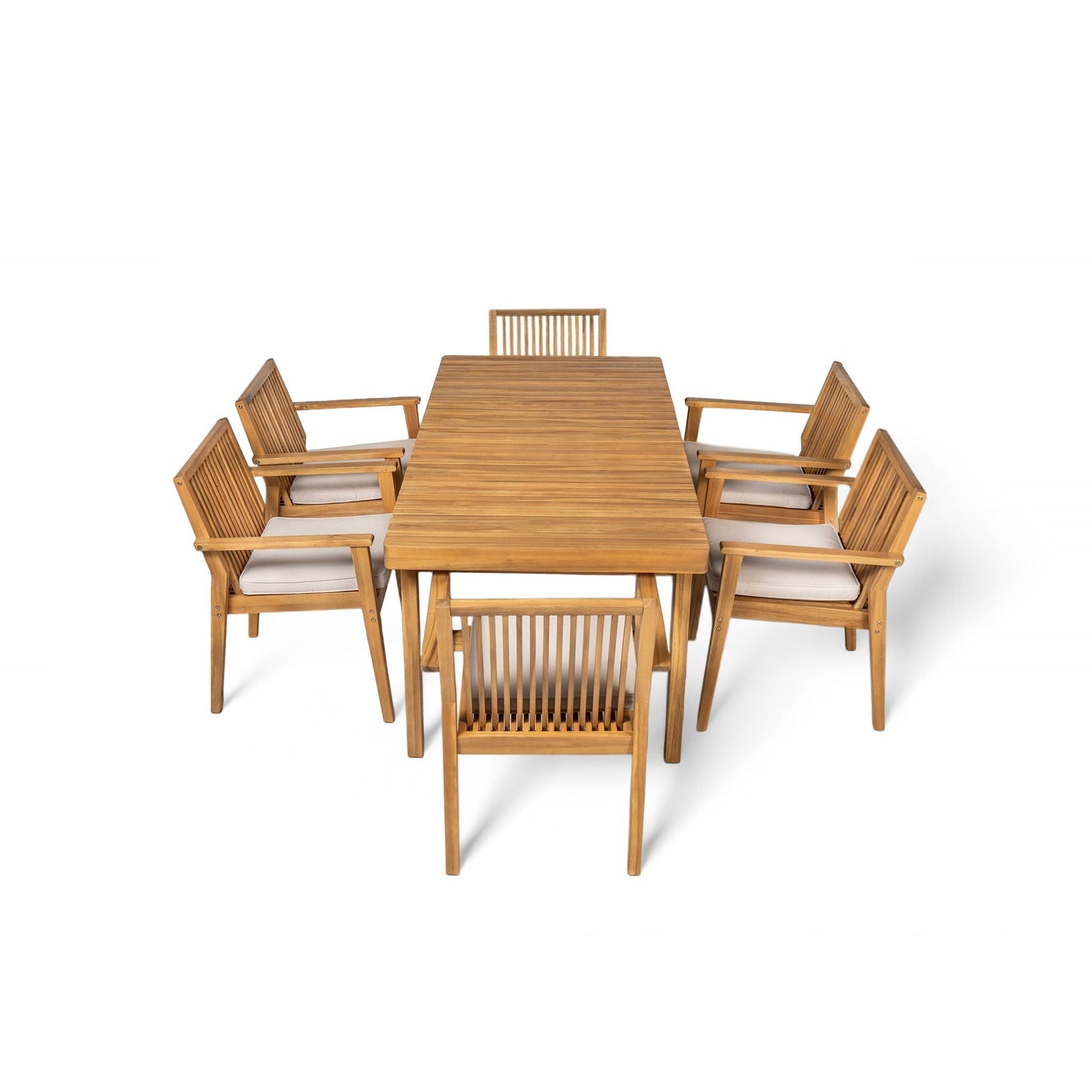 7 Piece Patio Furniture Set Acacia Wood Table And 6 Cushioned Chairs