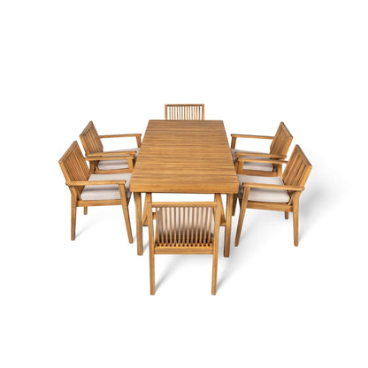 7 Piece Patio Furniture Set Acacia Wood Table And 6 Cushioned Chairs