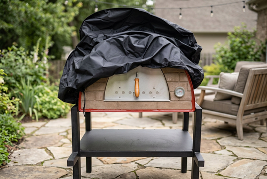 Maximus Arena oven cover in a backyard stone patio setting