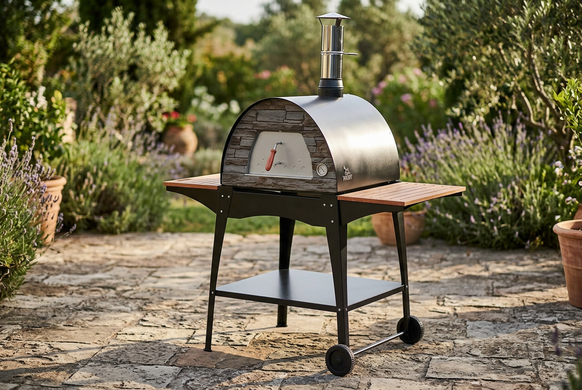 Pizza oven on the Woody mobile stand in a backyard patio setting