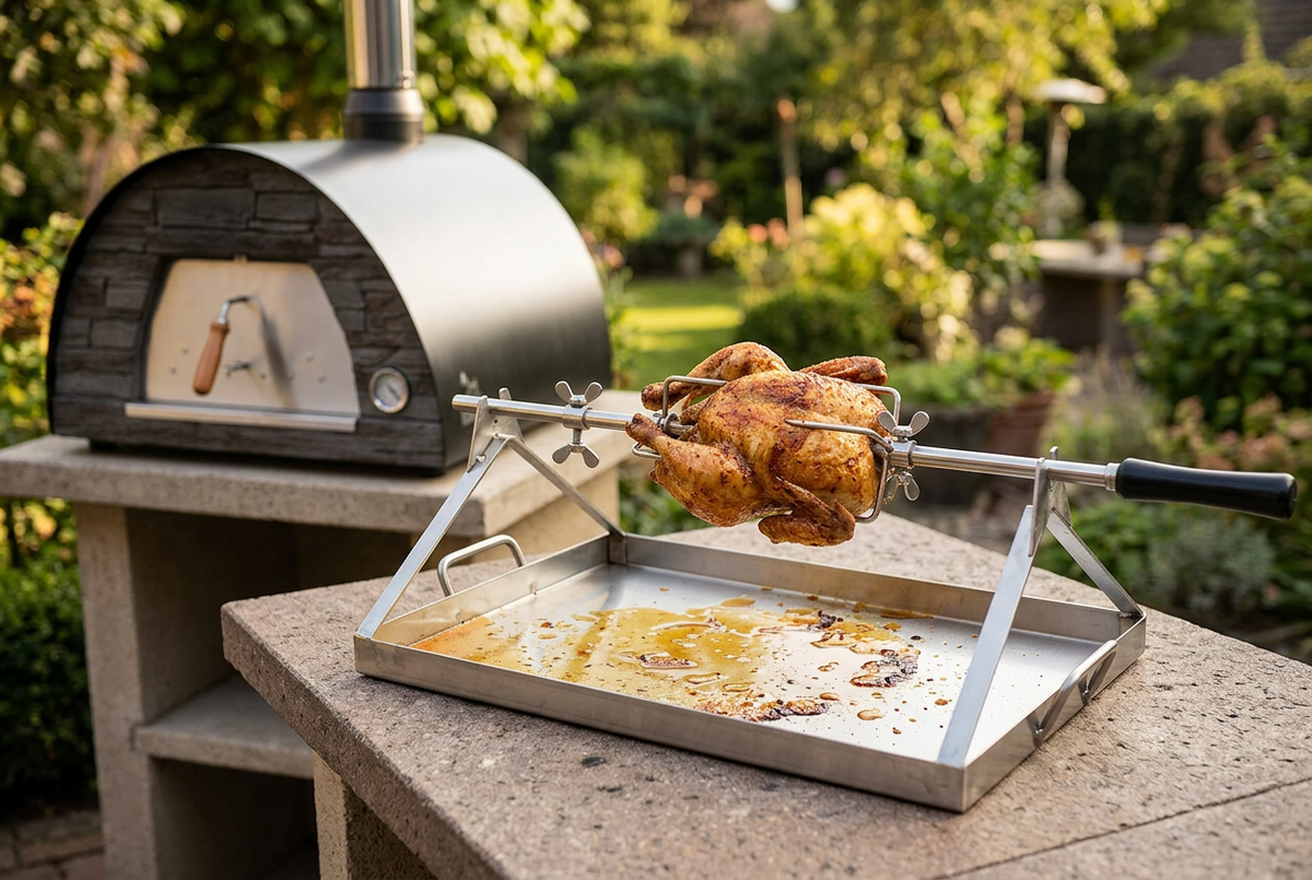 Prime rotisserie spit beside a Maximus pizza oven in an outdoor kitchen