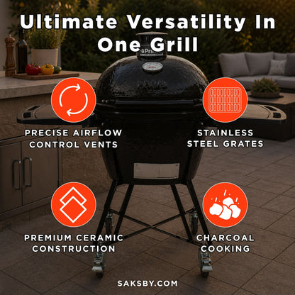 Primo Oval Large 300 All-In-One Ceramic Kamado Grill W/ Cradle, Side Shelves & Stainless Steel Grates [PGCLGC] (SAK21293)
