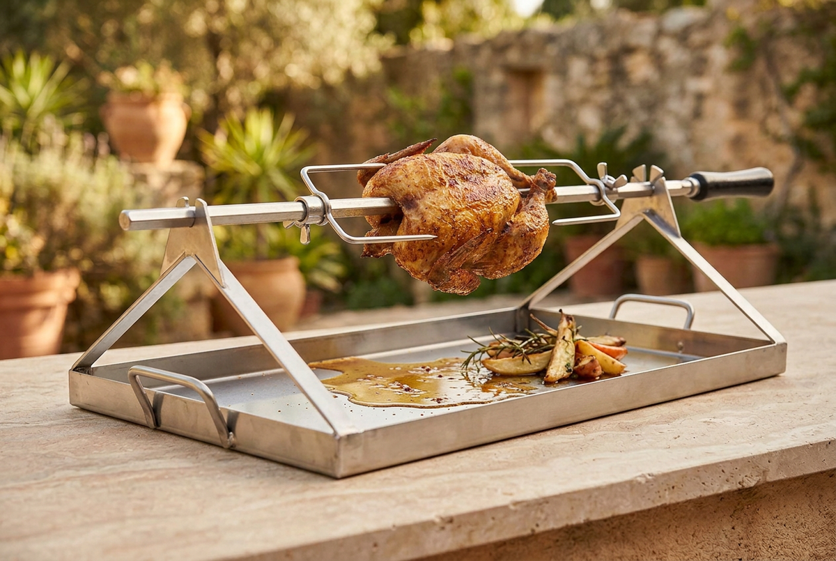 Roast chicken spit with realistic pan juices and browned drippings