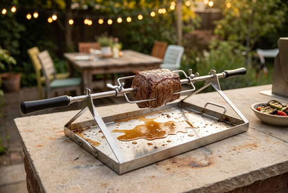Roast on the spit with realistic meat juices in the pan