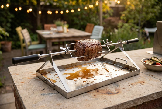 Roast on the spit with realistic meat juices in the pan