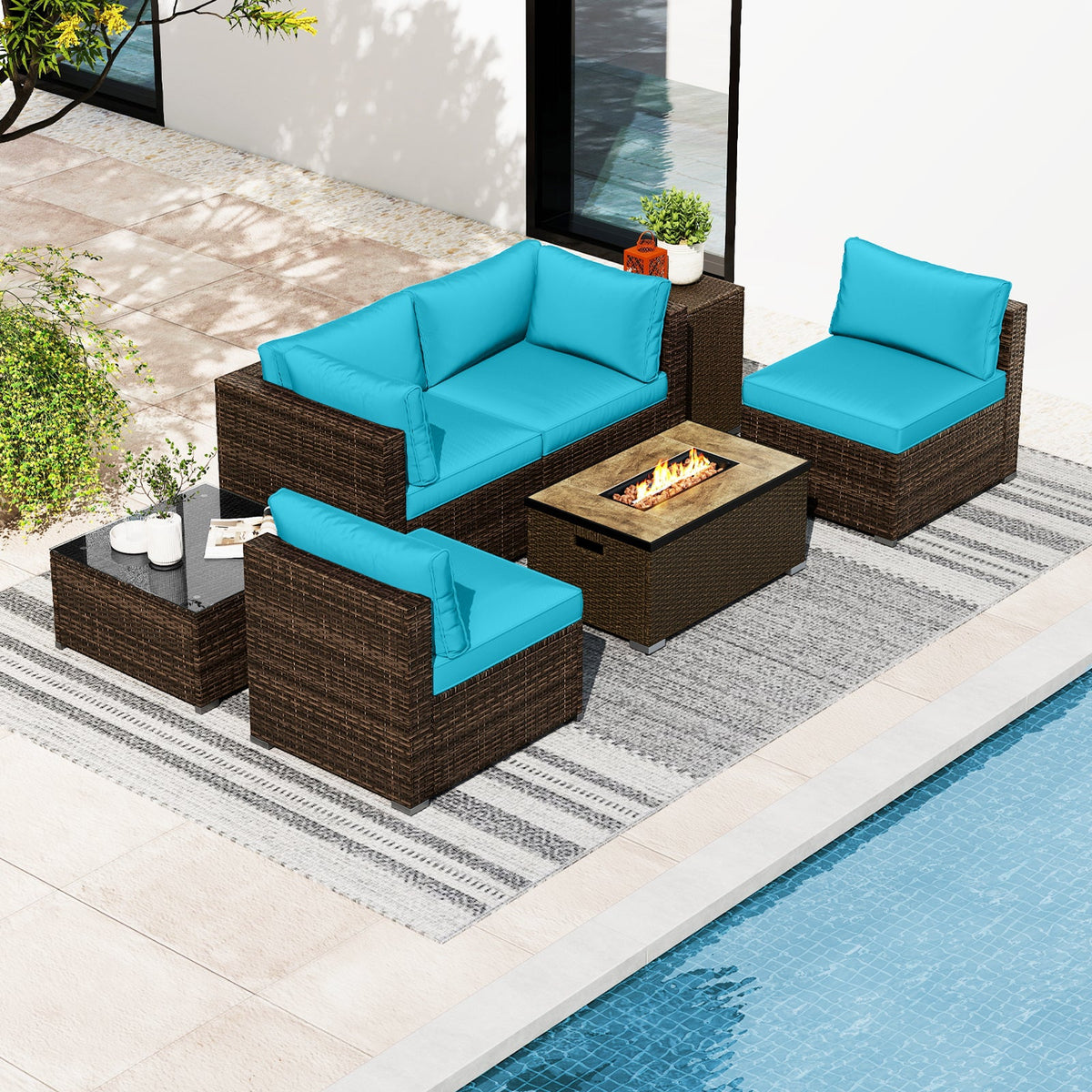 7 Pieces Outdoor Furniture Set with 32 Inch Fire Pit Table and Propane Tank Cover