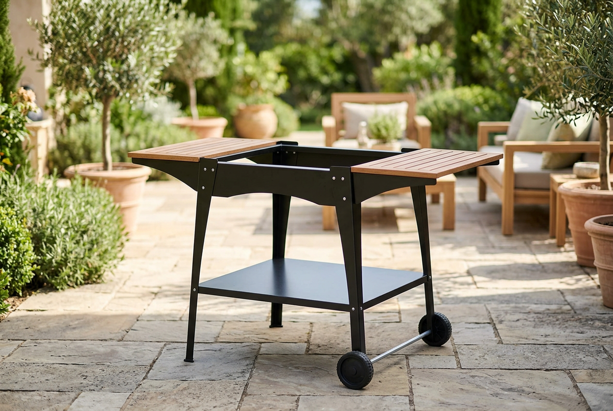 Woody mobile stand on a sunny stone patio