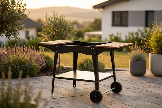 Woody mobile stand on a warm evening terrace